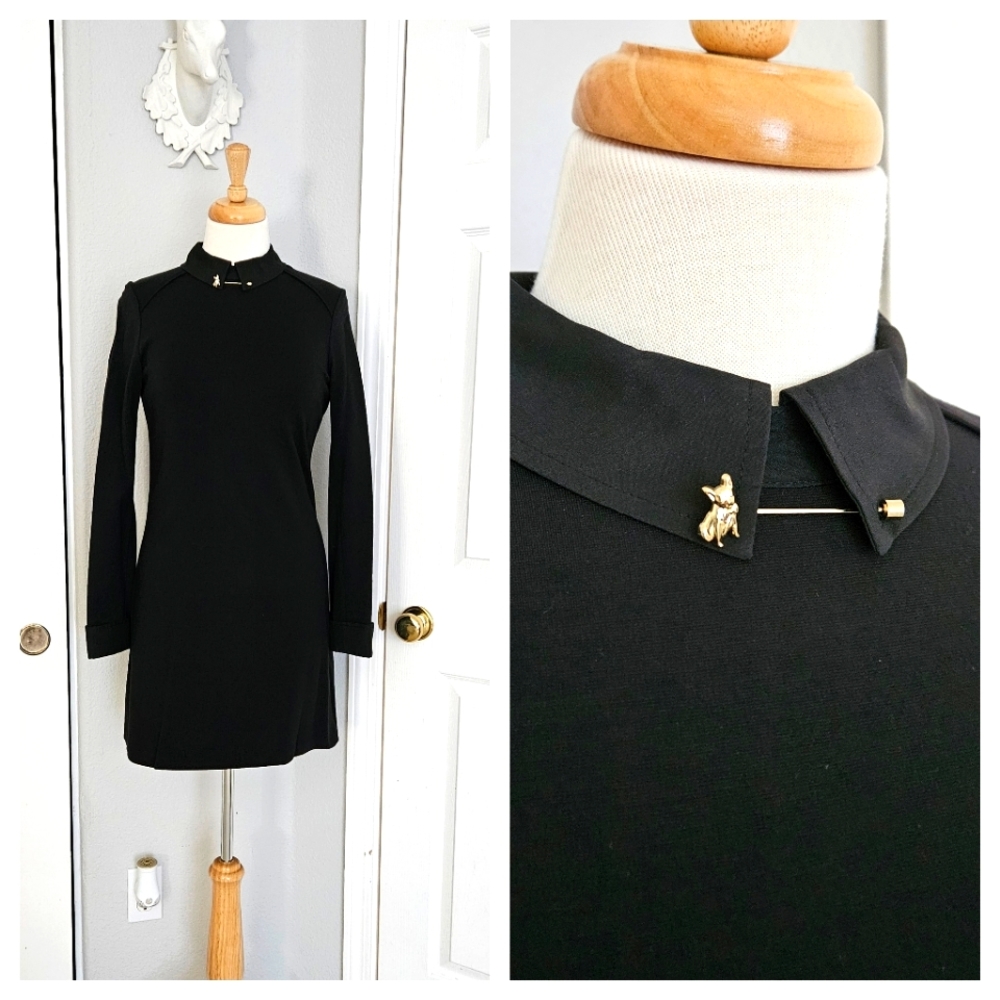 Black Ted Baker Mini Shift Dress Peter Pan Collar and Frenchie Stick Pin